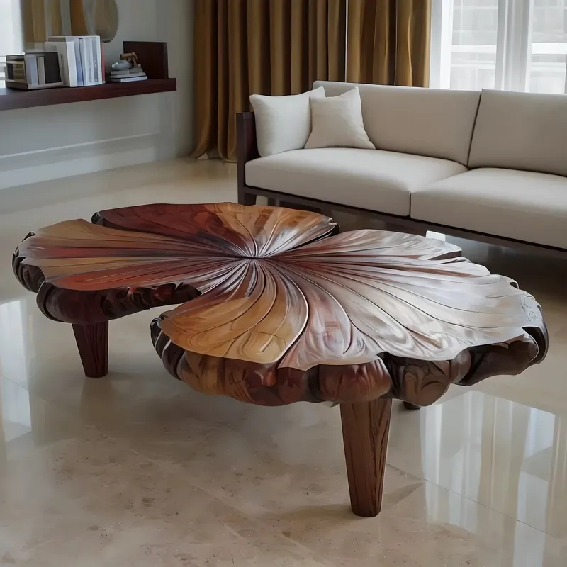 Hand-Carved Leaf Tea Table, Solid Wood